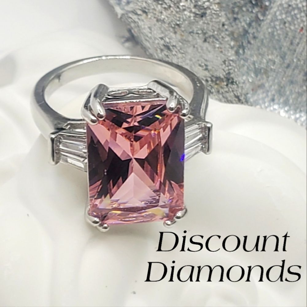 Pink Princess Cut Sapphire & White Baguette Diamond Cocktail Ring on 925 Silver